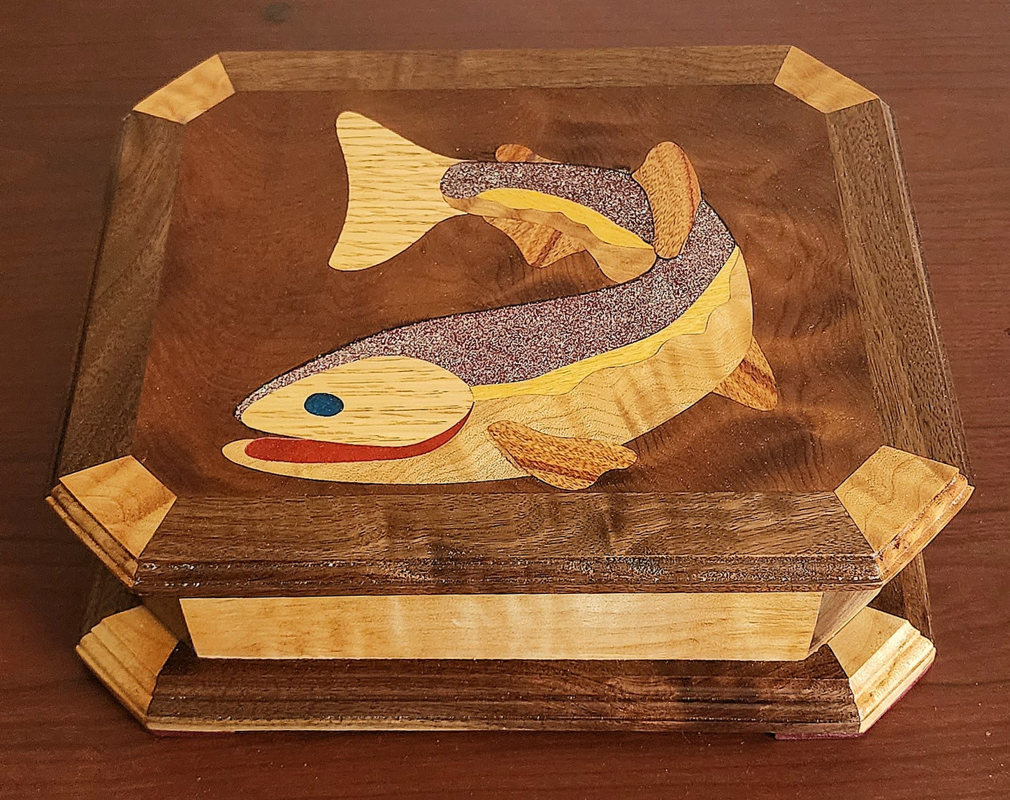 Gone Fishing Keepsake Box | Gifts For Anglers | Jewelry Box | Handcrafted With Hardwood Inlay | Fishing Theme | Emerald Felt Lining